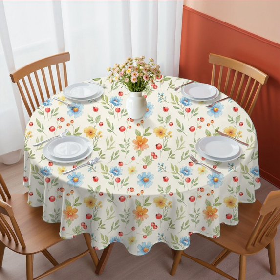 Pioneer Flower Floral Print Pattern Round Tablecloth 70"x70", Wrinkle Resistant Wipeable Table Cover for Kitchen Dining Room Picnic Patio and Party