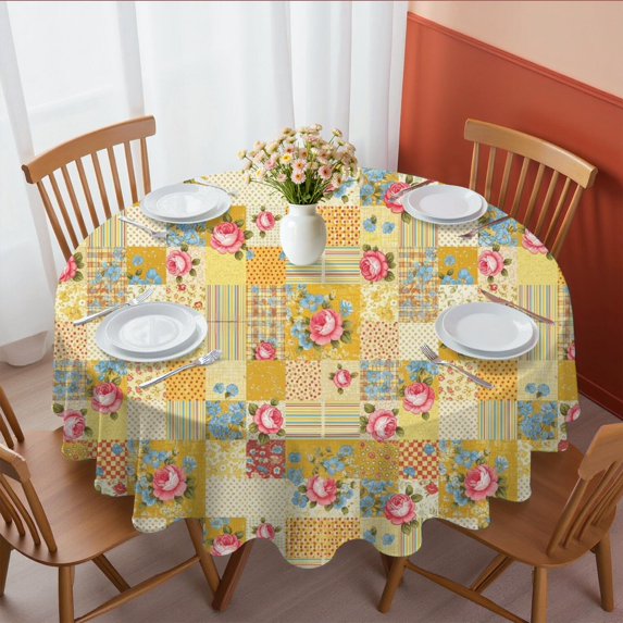Pioneer Flower Floral Print Pattern Round Tablecloth 70"x70", Wrinkle Resistant Wipeable Table Cover for Kitchen Dining Room Picnic Patio and Party