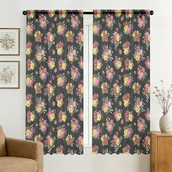 Pioneer Flower Floral Print Pattern Sheer Curtains, Sheer Window Panels with Dual Rod Pocket, Soft Breathable Gifts for Family Friends Neighbors,42x63in(107x160cm)