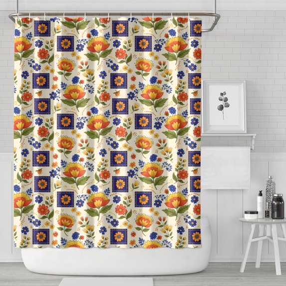 Pioneer Flower Floral Print Pattern Shower Curtain 72"x84", Bathroom Decorative Shower Curtain Set with 12 Hooks, Waterproof Washable