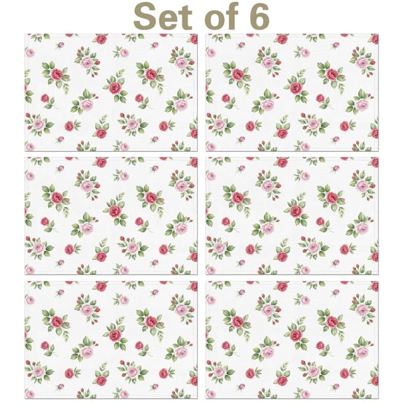 Pioneer Flower Floral Print Pattern Summer Linen Placemats Set Of 6, Washable Non-Slip Heat Resistant Table Mats 12"x18" for Kitchen Dining and Daily Use