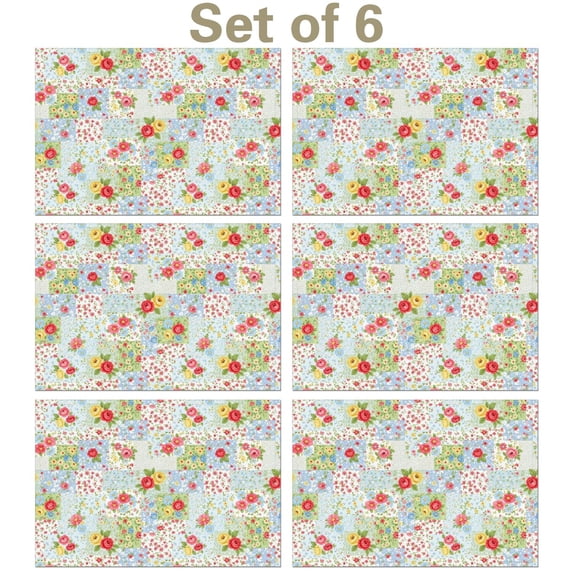 Pioneer Flower Floral Print Pattern Summer Linen Placemats Set Of 6, Washable Non-Slip Heat Resistant Table Mats for Kitchen, 12x18 Inch
