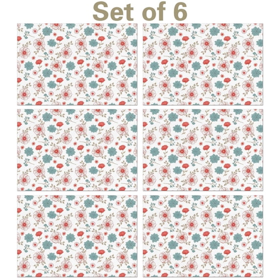 Pioneer Flower Floral Print Pattern Summer Linen Placemats Set Of 6, Washable Non-Slip Heat Resistant Table Mats for Kitchen, 12x18 Inch