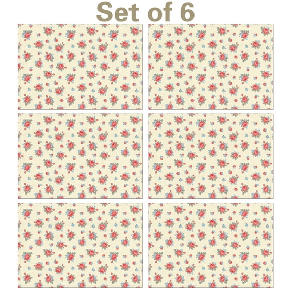 Pioneer Flower Floral Print Pattern Summer Linen Placemats Set Of 6, Washable Non-Slip Heat Resistant Table Mats for Kitchen, 12x18 Inch
