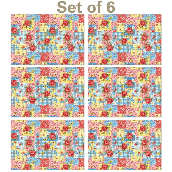 Pioneer Flower Floral Print Pattern Summer Linen Placemats Set Of 6, Washable Non-Slip Heat Resistant Table Mats for Kitchen, 12x18 Inch