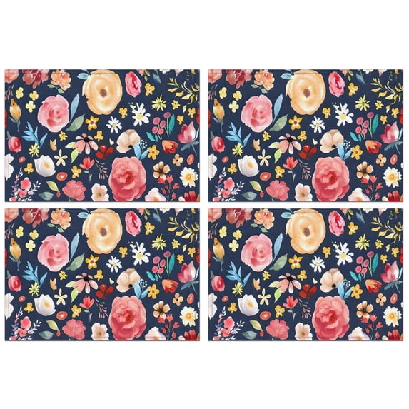 Pioneer Flower Floral Print Pattern Summer Placemats Table Placemats Set Of 4-Linen Kitchen Washable Placemats Table Mats 12x18 Inch Non-Slip Heat Resistant