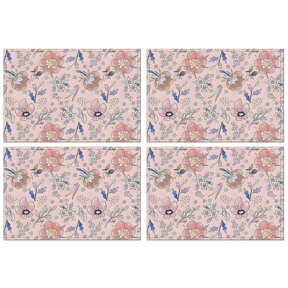 Pioneer Flower Floral Print Pattern Summer Placemats Table Placemats Set Of 4-Linen Kitchen Washable Placemats Table Mats 12x18 Inch Non-Slip Heat Resistant