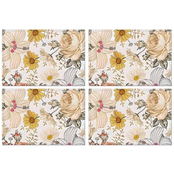 Pioneer Flower Floral Print Pattern Summer Placemats Table Placemats Set Of 4-Linen Kitchen Washable Placemats Table Mats 12x18 Inch Non-Slip Heat Resistant
