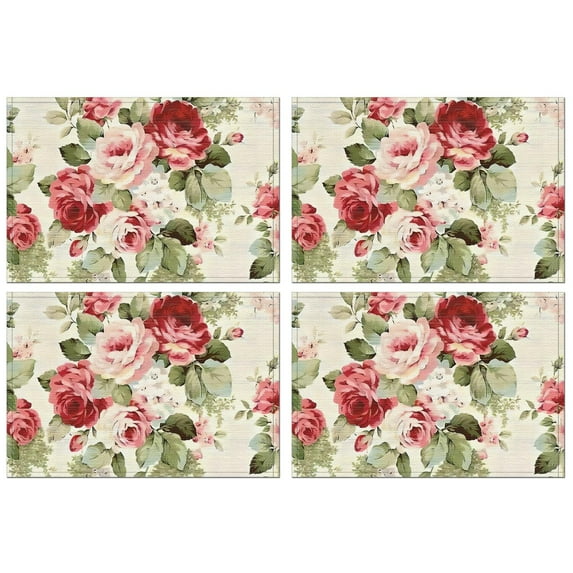 Pioneer Flower Floral Print Pattern Summer Placemats Table Placemats Set Of 4-Linen Kitchen Washable Placemats Table Mats 12x18 Inch Non-Slip Heat Resistant
