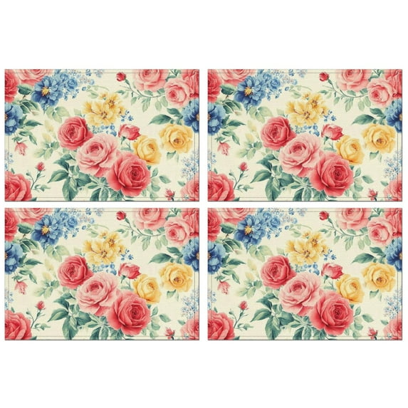 Pioneer Flower Floral Print Pattern Summer Placemats Table Placemats Set Of 4-Linen Kitchen Washable Placemats Table Mats 12x18 Inch Non-Slip Heat Resistant