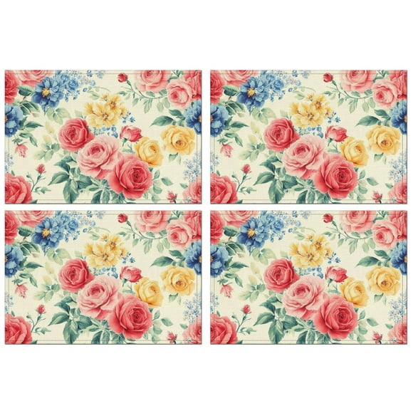Pioneer Flower Floral Print Pattern Summer Placemats Table Placemats Set Of 4-Linen Kitchen Washable Placemats Table Mats 12x18 Inch Non-Slip Heat Resistant