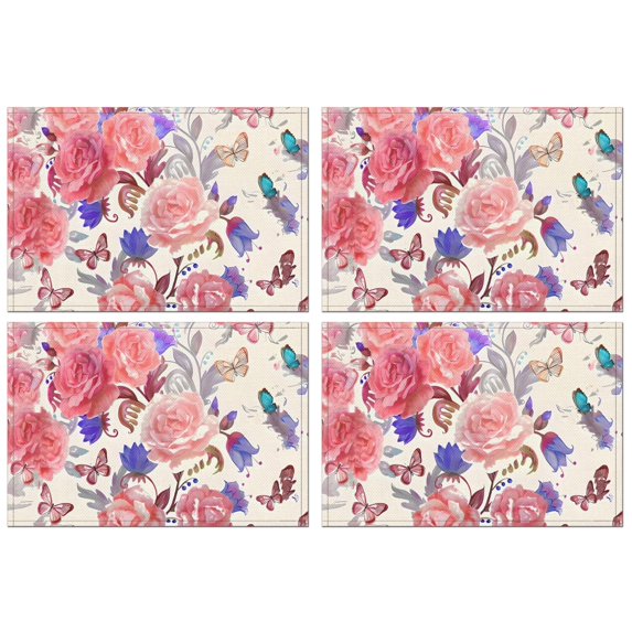 Pioneer Flower Floral Print Pattern Summer Placemats Table Placemats Set Of 4-Linen Kitchen Washable Placemats Table Mats 12x18 Inch Non-Slip Heat Resistant