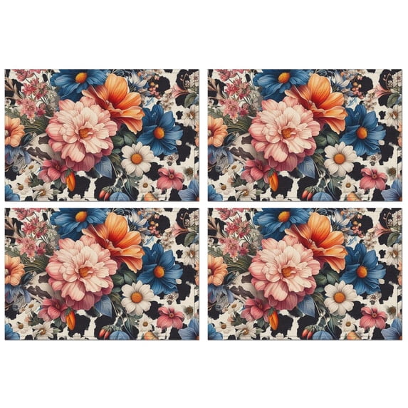 Pioneer Flower Floral Print Pattern Summer Placemats Table Placemats Set Of 4-Linen Kitchen Washable Placemats Table Mats 12x18 Inch Non-Slip Heat Resistant