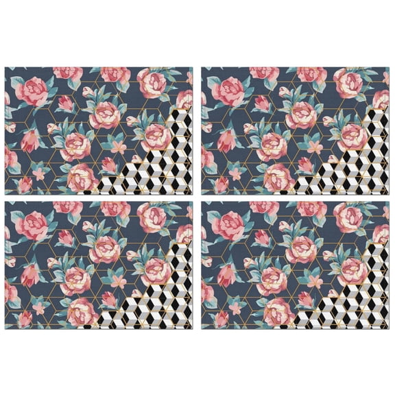 Pioneer Flower Floral Print Pattern Summer Placemats Table Placemats Set Of 4-Linen Kitchen Washable Placemats Table Mats 12x18 Inch Non-Slip Heat Resistant