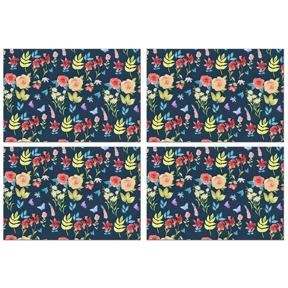 Pioneer Flower Floral Print Pattern Summer Placemats Table Placemats Set Of 4-Linen Kitchen Washable Placemats Table Mats 12x18 Inch Non-Slip Heat Resistant
