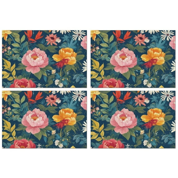 Pioneer Flower Floral Print Pattern Summer Placemats Table Placemats Set Of 4-Linen Kitchen Washable Placemats Table Mats 12x18 Inch Non-Slip Heat Resistant