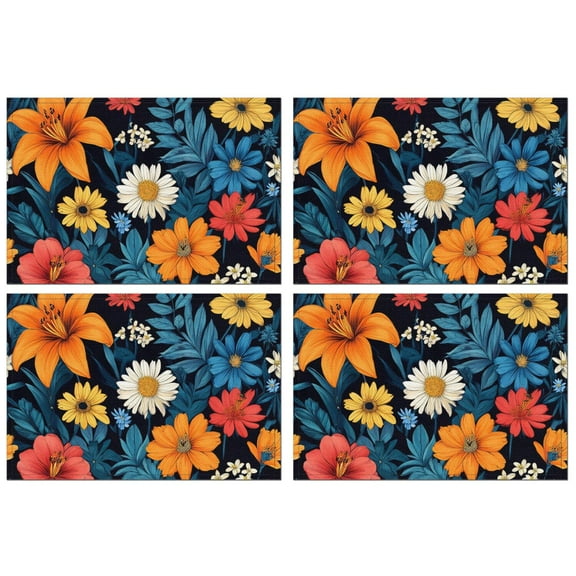 Pioneer Flower Floral Print Pattern Summer Placemats Table Placemats Set Of 4-Linen Kitchen Washable Placemats Table Mats 12x18 Inch Non-Slip Heat Resistant