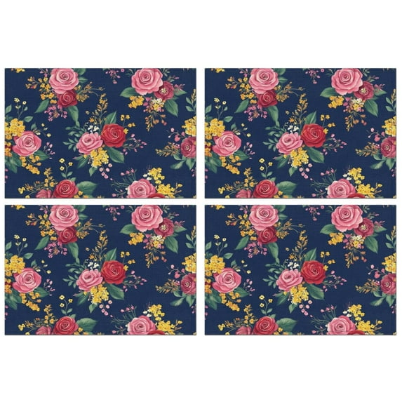 Pioneer Flower Floral Print Pattern Summer Placemats Table Placemats Set Of 4-Linen Kitchen Washable Placemats Table Mats 12x18 Inch Non-Slip Heat Resistant