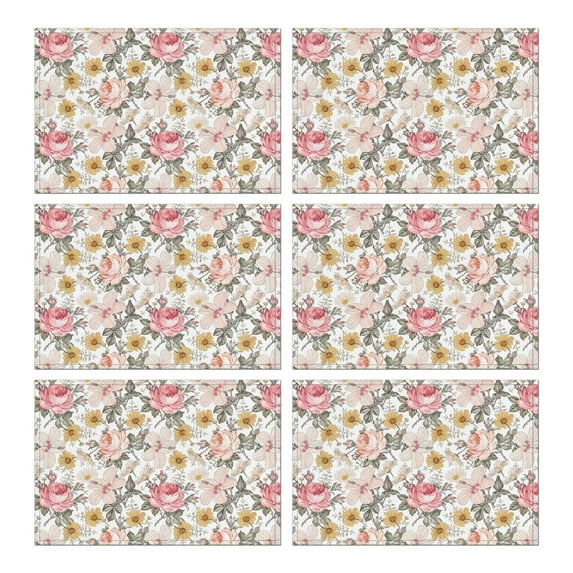 Pioneer Flower Floral Print Pattern Summer Placemats Table Placemats Set Of 6-Linen Kitchen Washable Placemats Table Mats 12x18 Inch Non-Slip Heat Resistant