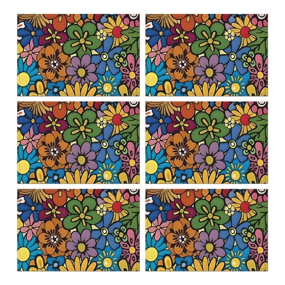Pioneer Flower Floral Print Pattern Summer Placemats Table Placemats Set Of 6-Linen Kitchen Washable Placemats Table Mats 12x18 Inch Non-Slip Heat Resistant