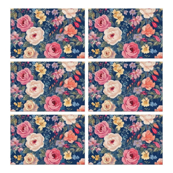 Pioneer Flower Floral Print Pattern Summer Placemats Table Placemats Set Of 6-Linen Kitchen Washable Placemats Table Mats 12x18 Inch Non-Slip Heat Resistant