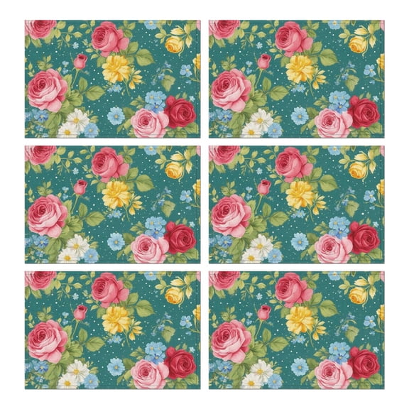 Pioneer Flower Floral Print Pattern Summer Placemats Table Placemats Set Of 6-Linen Kitchen Washable Placemats Table Mats 12x18 Inch Non-Slip Heat Resistant
