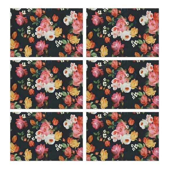 Pioneer Flower Floral Print Pattern Summer Placemats Table Placemats Set Of 6-Linen Kitchen Washable Placemats Table Mats 12x18 Inch Non-Slip Heat Resistant