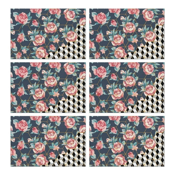Pioneer Flower Floral Print Pattern Summer Placemats Table Placemats Set Of 6-Linen Kitchen Washable Placemats Table Mats 12x18 Inch Non-Slip Heat Resistant