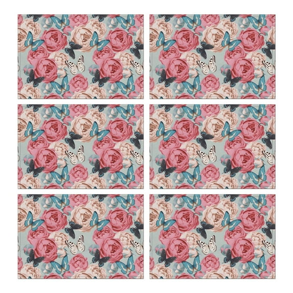 Pioneer Flower Floral Print Pattern Summer Placemats Table Placemats Set Of 6-Linen Kitchen Washable Placemats Table Mats 12x18 Inch Non-Slip Heat Resistant