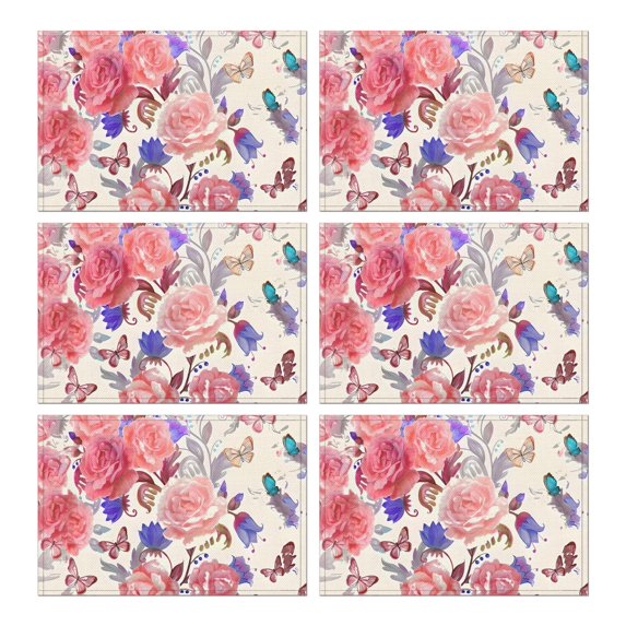 Pioneer Flower Floral Print Pattern Summer Placemats Table Placemats Set Of 6-Linen Kitchen Washable Placemats Table Mats 12x18 Inch Non-Slip Heat Resistant