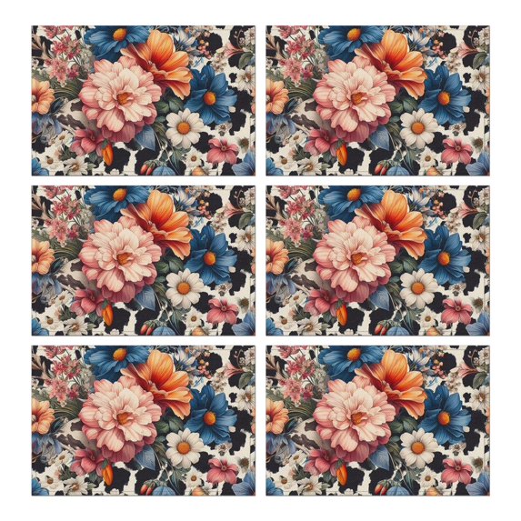 Pioneer Flower Floral Print Pattern Summer Placemats Table Placemats Set Of 6-Linen Kitchen Washable Placemats Table Mats 12x18 Inch Non-Slip Heat Resistant