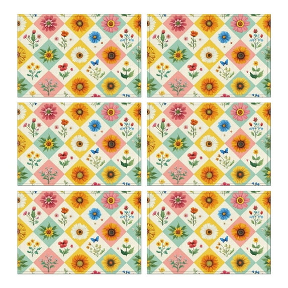 Pioneer Flower Floral Print Pattern Summer Placemats Table Placemats Set Of 6-Linen Kitchen Washable Placemats Table Mats 12x18 Inch Non-Slip Heat Resistant