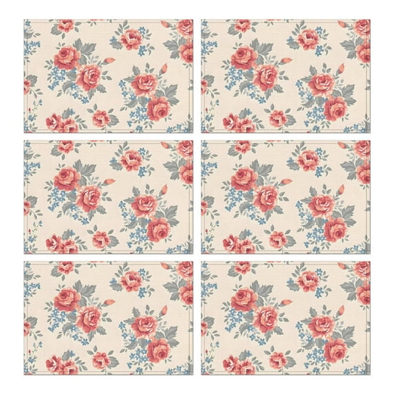 Pioneer Flower Floral Print Pattern Summer Placemats Table Placemats Set Of 6-Linen Kitchen Washable Placemats Table Mats 12x18 Inch Non-Slip Heat Resistant