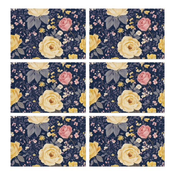 Pioneer Flower Floral Print Pattern Summer Placemats Table Placemats Set Of 6-Linen Kitchen Washable Placemats Table Mats 12x18 Inch Non-Slip Heat Resistant