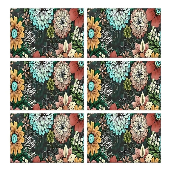 Pioneer Flower Floral Print Pattern Summer Placemats Table Placemats Set Of 6-Linen Kitchen Washable Placemats Table Mats 12x18 Inch Non-Slip Heat Resistant