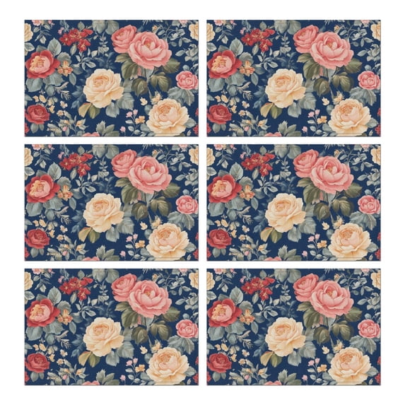 Pioneer Flower Floral Print Pattern Summer Placemats Table Placemats Set Of 6-Linen Kitchen Washable Placemats Table Mats 12x18 Inch Non-Slip Heat Resistant