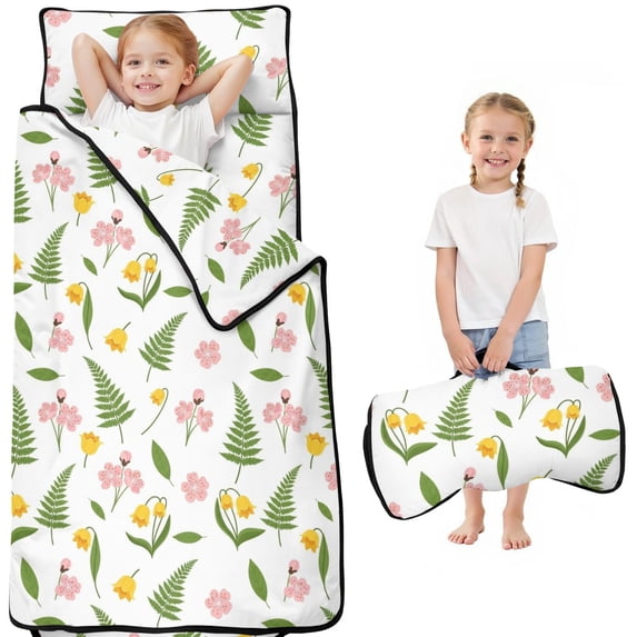 Pioneer Flower Floral Print Pattern Teens Toddler Nap Mat with Pillow, Sleeping Mat Bag for Preschool Daycare 50"x20"