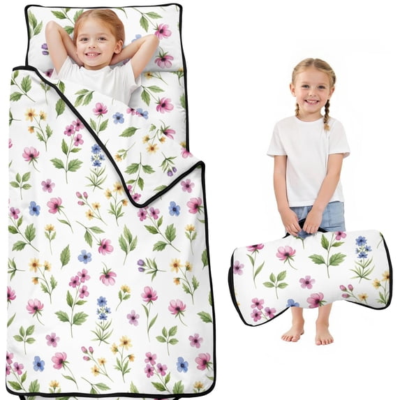 Pioneer Flower Floral Print Pattern Teens Toddler Nap Mat with Pillow, Sleeping Mat Bag for Preschool Daycare 50"x20"