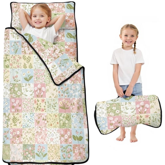 Pioneer Flower Floral Print Pattern Teens Toddler Nap Mat with Pillow, Sleeping Mat Bag for Preschool Daycare 51"x22"