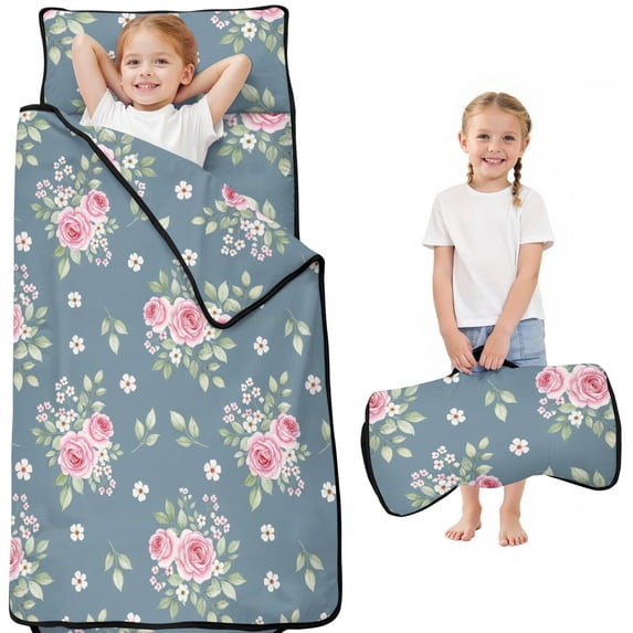 Pioneer Flower Floral Print Pattern Teens Toddler Nap Mat with Pillow, Sleeping Mat Bag for Preschool Daycare 51"x22"