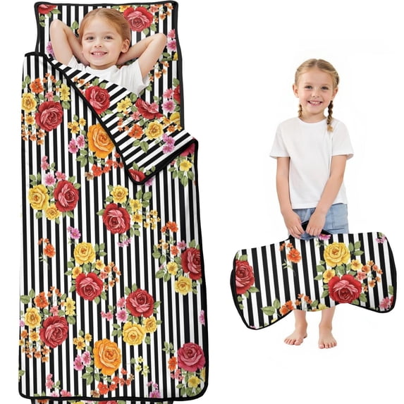 Pioneer Flower Floral Print Pattern Teens Toddler Nap Mat with Pillow, Sleeping Mat Bag for Preschool Daycare 59"x22"