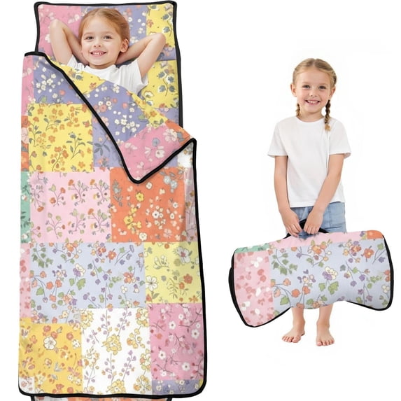Pioneer Flower Floral Print Pattern Teens Toddler Nap Mat with Pillow, Sleeping Mat Bag for Preschool Daycare 59"x22"