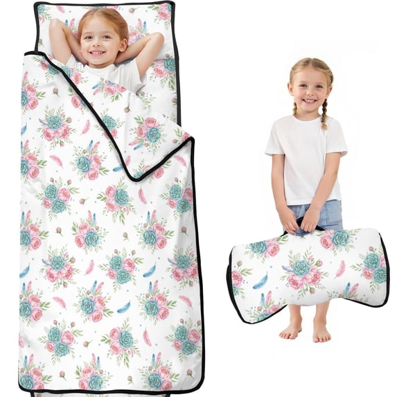 Pioneer Flower Floral Print Pattern Teens Toddler Nap Mat with Pillow, Sleeping Mat Bag for Preschool Daycare 59"x22"