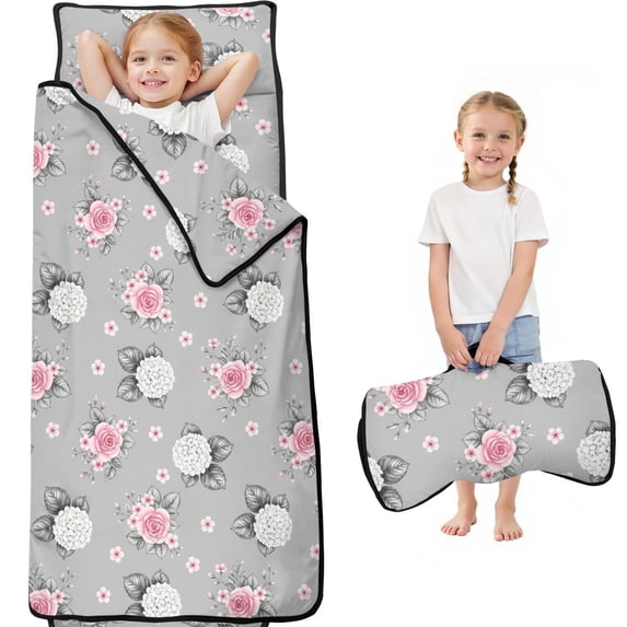 Pioneer Flower Floral Print Pattern Teens Toddler Nap Mat with Pillow, Sleeping Mat Bag for Preschool Daycare 59"x22"