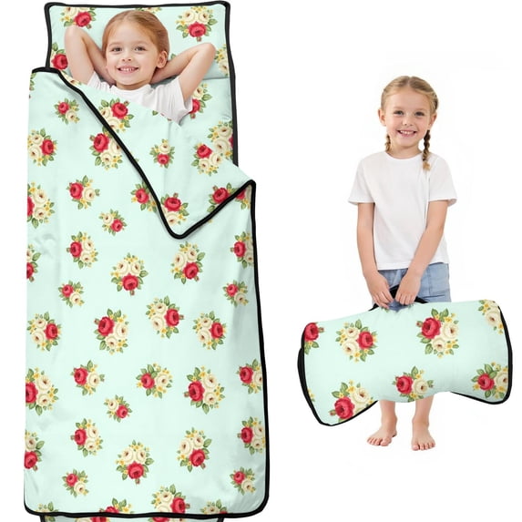 Pioneer Flower Floral Print Pattern Teens Toddler Nap Mat with Pillow, Sleeping Mat Bag for Preschool Daycare 59"x22"