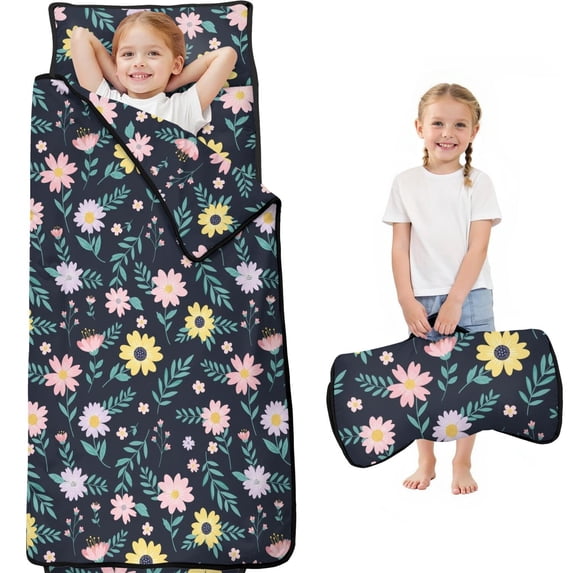 Pioneer Flower Floral Print Pattern Teens Toddler Nap Mat with Pillow, Sleeping Mat Bag for Preschool Daycare 59"x22"