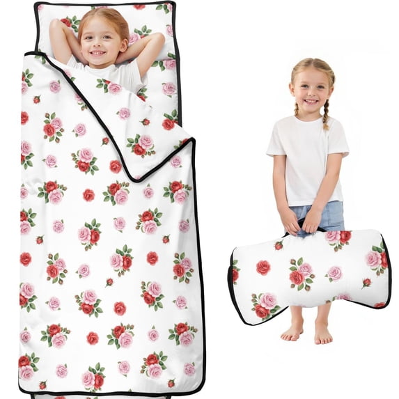 Pioneer Flower Floral Print Pattern Teens Toddler Nap Mat with Pillow, Sleeping Mat Bag for Preschool Daycare 59"x22"