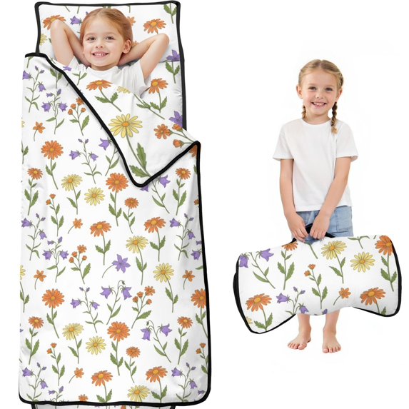 Pioneer Flower Floral Print Pattern Teens Toddler Nap Mat with Pillow, Sleeping Mat Bag for Preschool Daycare 60"x20"