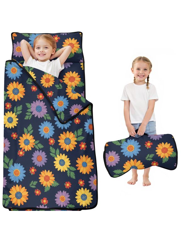 Pioneer Flower Floral Print Pattern Toddler Nap Mat for Teens Preschool Daycare, Teens Sleeping Mat Bag, Toddler Sleeping Bag with Pillow