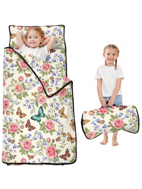 Pioneer Flower Floral Print Pattern Toddler Nap Mat for Teens Preschool Daycare, Teens Sleeping Mat Bag, Toddler Sleeping Bag with Pillow